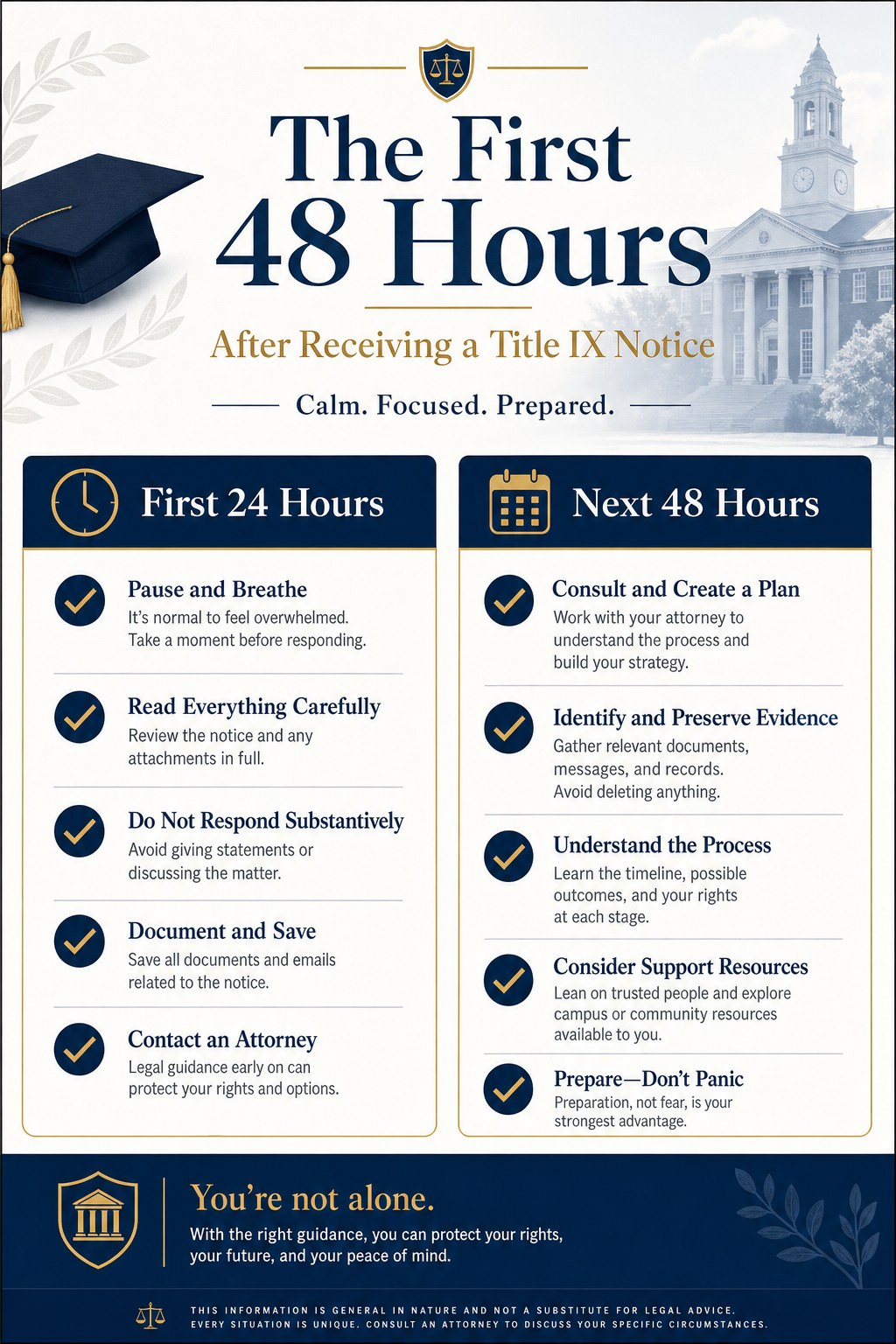Infographic titled The First 48 Hours After Receiving a Title IX Notice, showing checklist steps for the first 24 hours and next 48 hours