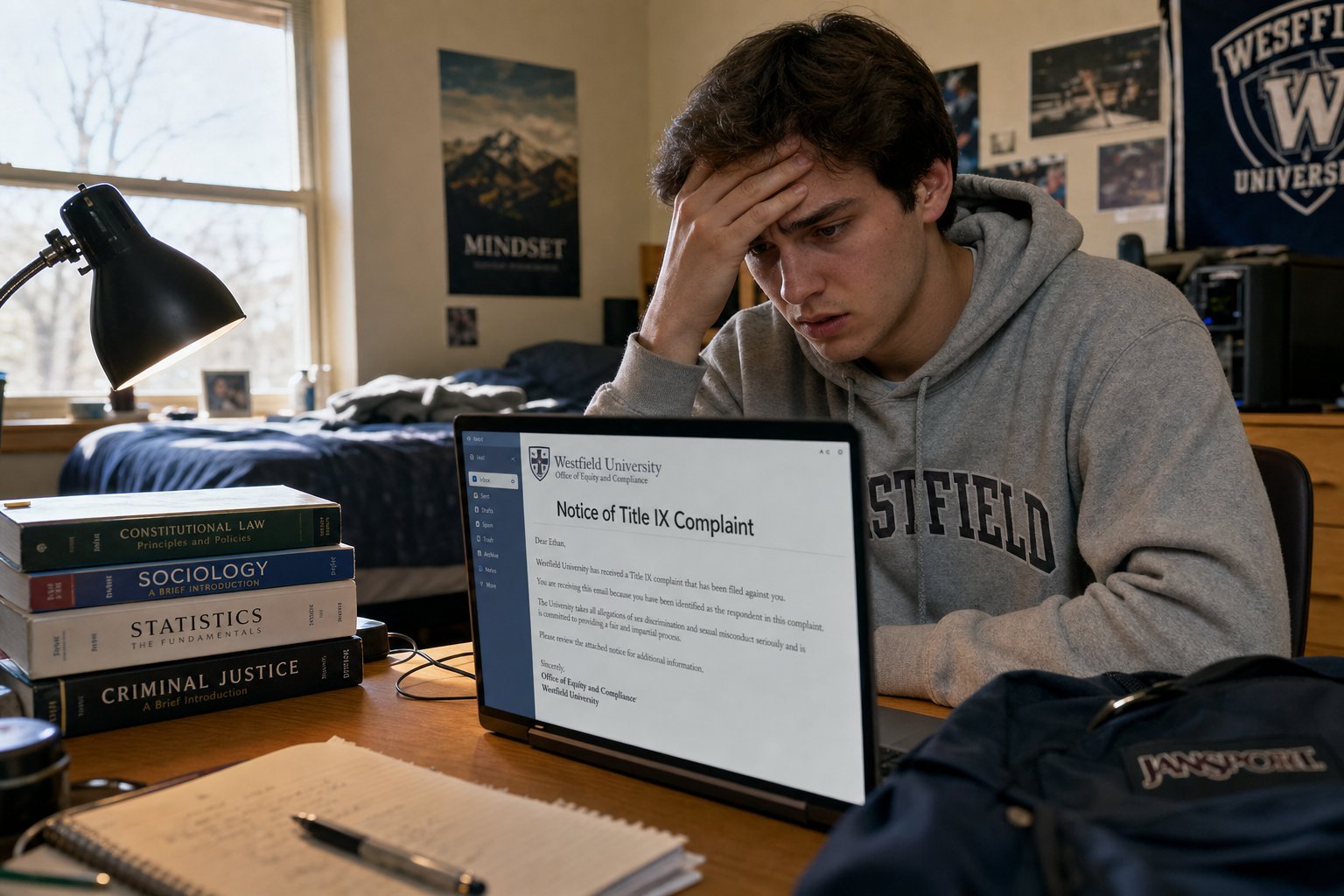 A stressed college student reading a Notice of Title IX Complaint email on a laptop in their dorm room