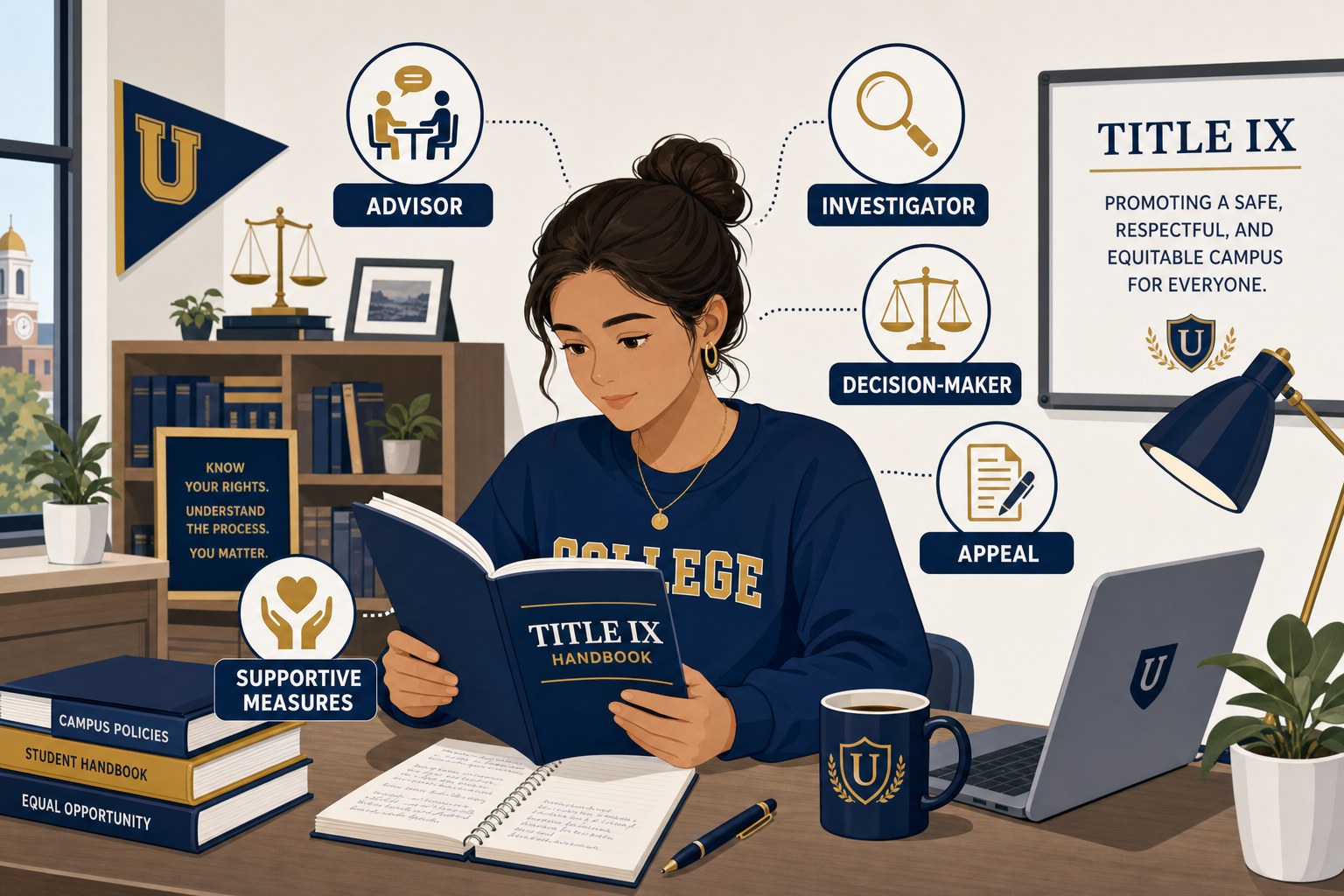 Illustration of a college student reviewing a Title IX handbook with labeled terms including Advisor, Investigator, Decision-Maker, Appeal, and Supportive Measures